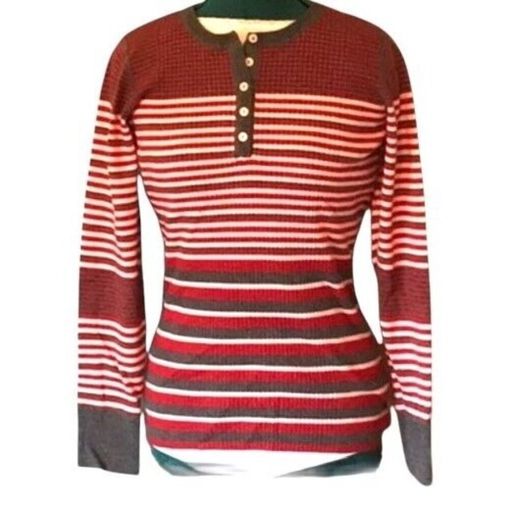 Title Nine Red and Gray Striped Merino Wool Knit Henley Top Size Large